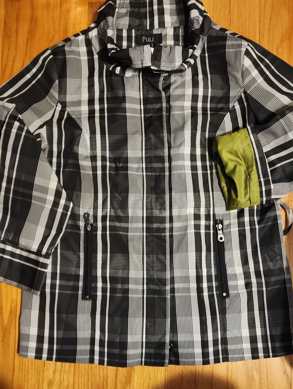 Puli Black & White Plaid Trench Coat with Olive Lining Accent